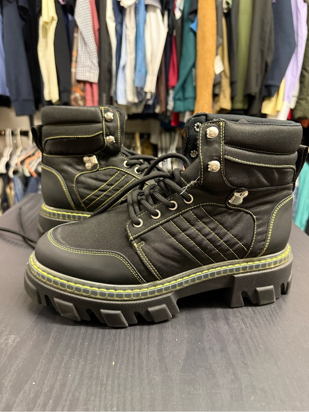 Ganni Cleated Lace Up Hiking Boots black lime size 40